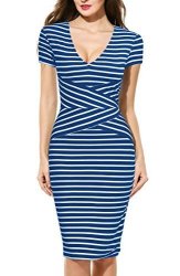 Women Mmondschein Short Sleeve Striped Wear To Work Business Pencil Dress XXL Blue