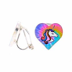 Claire's Miss Glitter The Unicorn Heart Clip On Earrings For Girls Rainbow Tie Dye Silver Tone 1 Pair