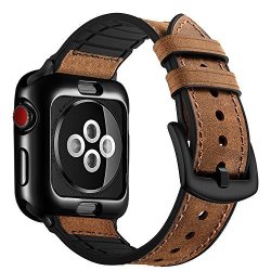 Ouheng For Apple Watch Band 42MM With Case Soft Tpu Case With Retro Genuine Leather Band And Rubber Hybrid Sweatproof Iwatch Replacement Strap For