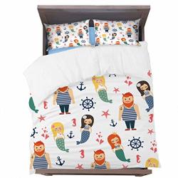Yahonwa Marine 3-PIECE Duvet Cover Mermaids Girls With Sailor Anchor Starfish Nautical Pattern On White Background Twin Printed Modern Comforter Cover Soft 69" W X 86" L