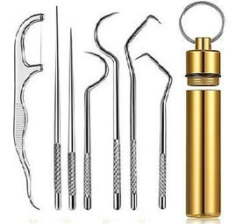 Toothpick Holder Keychain Portable Golden Steel Tooth Pick Pocket Set