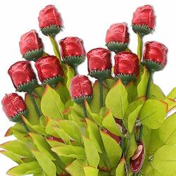 Madelaine Chocolates Exquisite Intricate Highly Detailed 3 4 Oz Premium Milk Chocolate Roses Nestled In Long Stems With Lush Silk Leaves - Semi-solid - 12 Pack