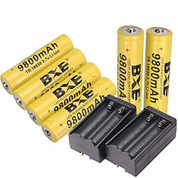 Bxe 18650 Rechargeable Batteries Button Top 6 Packs 9800MAH 3.7V Li-ion Batteries For LED Flashlight Headlamp + 2 Packs Smart Chargers