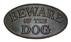 Wd- Garden Heavy Cast Iron Vintage Antique Style Victorian Style Beware Of The Dog Oval Plaque Sign Rustic Ranch Wall Mount Decoration Indoor &