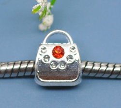 European Style - Antique Silver - Red Enamel - Handbag - Charm Beads With Red Cz Crystals