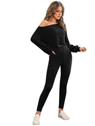 SheIn Women's 2 Piece Ribbed Long Sleeve Crop Top and Legging