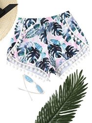 Romwe Women's Summer Pom Pom Trim Tropical Swim Cover Up Shorts Pants Multicolor L