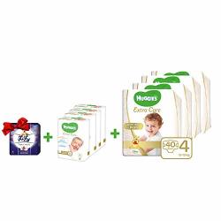 Huggies Extra Care Size 4 Baby Diapers 4X40=160 Diapers + Huggies Extra Care Premium Wet Wipes 4X4=16 Single Pack + Lily Tripel Comfort 4 Toilet Rolls