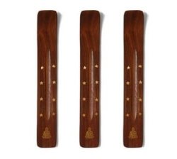 Ananta Set Of 3 Wooden Flat Incense Burner - Handcrafted - Inlaid With Brass