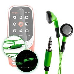 Exclusive LED Flashing Earphones - Glowing Neon Light-up USB Rechargeable Earphones In Dazzling Green For The Nokia 3310 2017 - By Duragadget