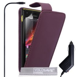 Sony Xperia M Case Purple Pu Leather Flip Cover With Car Charger