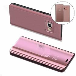 Leecoco Case For Samsung A5 2017 Luxury Clear View Electroplate Plating Mirror Makeup Kickstand Full Body Protective Cover Flip PC And Pu Leather Case