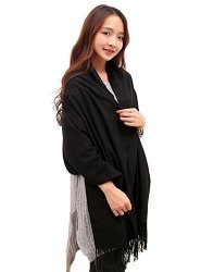 Anboor Super Soft Cashmere Blanket Scarf With Tassel Solid Color Super Warm Shawl For Women Black