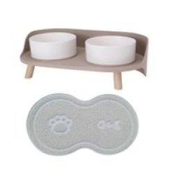 Pet Double Bowl Feeder With Non-slip Mat Beige