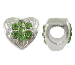 European Style - Antique Silver - Heart - Spacer Beads - Green Rhinestones