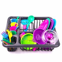 Gaocold 28 Pack Kids Pretend Play Dishes Kitchen Playset - Wash And Dry Tableware Dish Rack Toy With Drainer