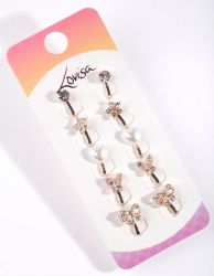 Kids Rose Gold Diamante Star Butterfly Heart & Bow Clip On Earring 5-PACK