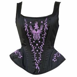 Szivyshi Women's Overbust Steel Boned Embroidery Lace Up Back Strap Corset Bustier Top Black Purple S