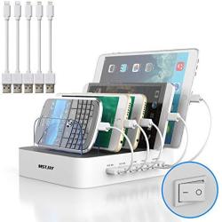 MULTI Device Charging Station Mstjry USB Charging Dock With Switch Cell Phone 5 Port Charging Station For Apple Android Tablets White 5 Cables Included