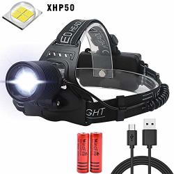 Super Bright Headlamp High 6000 Lumens Windfire Cree XHP50 LED Rechargeable Headlamp Light Focus Adjustable Zoomable Waterproof 3 Modes Batteries Included Perfect For Outdoor Camping Fishing Hiking