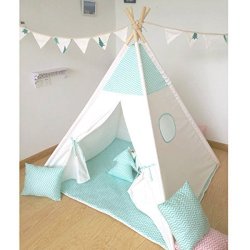 Sunny Green Stripe Design Play Teepee 100% Cotton Canvas Portable Indoor Tent For Boy And Girls Children Playhouse With Mat
