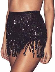 Belly Dance Hip Skirt Tassel Scarf Sequin Wrap Rave Costume For Women Black