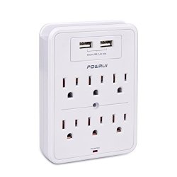 Powrui Surge Protector USB Wall Charger With 2 USB Charging Ports Smart 2.4A Total 6-OUTLET Extender And Top Phone Holder For Your Cell Phone White
