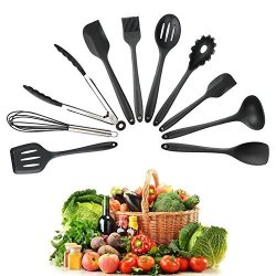 Cannan Silicone Kitchen Utensil Set 10 Piece Kitchen Tool Set Cooking Utensils Set Non-stick Heat Resistant For Baking Bbq With Solid Core Black
