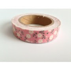 Fabric Double Sided Washi Tape Per Roll 5m - Scrapbooking - 15mm Wide - Pink With White Flower Print