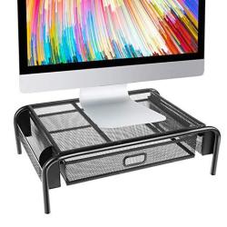 Huanuo Monitor Stand Riser With Drawer Mesh Metal Stand Riser With Pull Out Storage Drawer And Side Compartments Pockets For Computer Laptop Imac Desk
