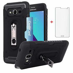 Samsung Galaxy Grand Prime J2 Prime Wallet Phone Case With Tempered Glass Screen Protector Credit Card Holder Slot Kickstand Hybrid Hard Protective Cover For