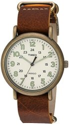 Timex Men's TW2P85700 Weekender Oversize Antiqued Brass brown Leather Slip-thru Strap Watch