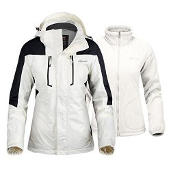Outdoormaster Women's 3-IN-1 Ski Jacket - Winter Jacket Set With Fleece Liner Jacket & Hooded Waterproof Shell - For Women White S