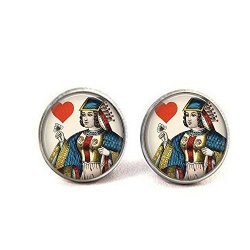 Vintage Playing Card Jewelry - Queen Of Hearts Earrings Yellow