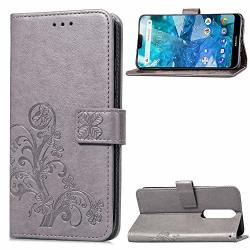 Jddrcase For Cell Phones Case Emboss Lucky Flower Four-leaf Clover Pu Leather Wallet Case With Lanyard Strap For Nokia 7 2018 Nokia 7.1 Color : Gray