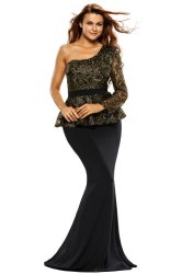 Women's Black Single Shoulder Gold Lace Peplum Maxi Dress Formal Cocktail Party Night Club Evening