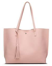 Women's Soft Leather Tote Shoulder Bag From Dreubea Big Capacity Tassel Handbag Pink