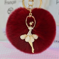 Soft Ball Pompom Charm Keychain Handbag Key Ring - Wine Red