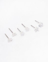 Silver Cubic Zirconia Mixed Shape Stud Earrings 3-PACK