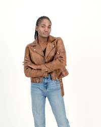 Women's Cargo Biker Waxed Brown 100% Leather Jacket- - M