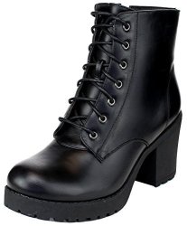 Refresh Footwear Women's Lace-up Combat Chunky Stacked Heel Ankle Bootie 8 B M Us Black