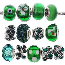 Rubyca Murano Lampwork Charm Glass Beads Tibetan Crystal European Bracelet Mix Assortment Dark Green 15PCS