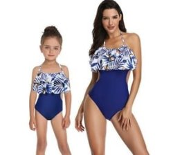 1 Piece Nylon Matching Bikini Swimwear Bathing Suits For Mom Or Daughter - Blue - Coconut Print - Size XL
