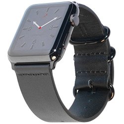 Apple Watch Leather Band 42MM Black Nato Genuine Leather Iwatch Band- Premium Wrist Strap With Durable Space Black Hardware For Apple Watch Sport Edition
