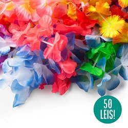 Hawaiian Leis Luau Party Supplies - 50 Hawaiian Necklace Flower Lei Assortment Pack With Tropical Lays Designs For Hawaiian Party