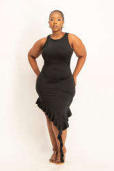 Elora Asymmetrical Ruffle Dress - Black - XL