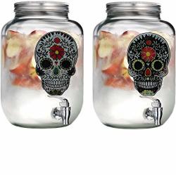 Circleware Yorkshire Sugar Skull Glass Beverage Dispenser With Lid Set Of 2 Entertainment Glassware Pitcher For Water Juice Beer Wine Liquor Kombucha & Cold
