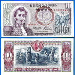 Colombia 10 Pesos Oro 1974 Unc General Narino Aigle Bird Monolith South America Banknote