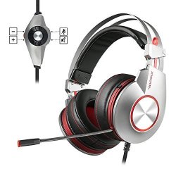 PC USB Gaming Headset With Microphone Mute PS4 Computer Headphones Surround Sound Wired Over Ear In-line Volume Control Play Pause LED Ring Light For