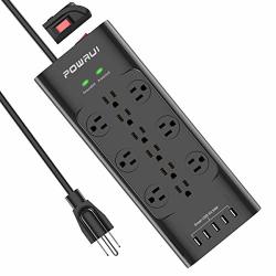 Surge Protector 4000 Joules Powrui Power Strip With 12-OUTLET And 5 USB Ports 5V 6A 30W And 6-FOOT 1875W 15A Heavy Duty Extension Cord Etl Listed Black